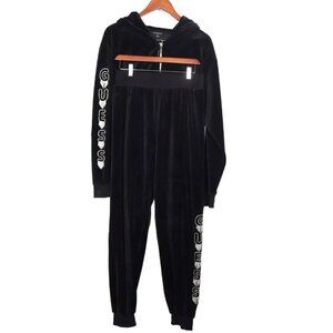 Guess Women's M/L Black Crystal Fringe 2-Piece Set Full Zip Hoodi & Jogger Pants